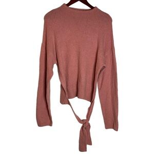WAYF Pink Crew Neck Long Sleeve Knit Fuzzy Sweater Tie Detail Large L